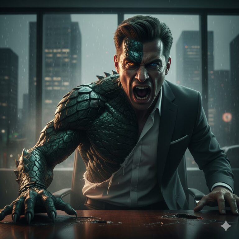 Cinematic depiction of a Hybrid Reptilian executive undergoing a physical transformation, showing saurian scales and vertical pupils.