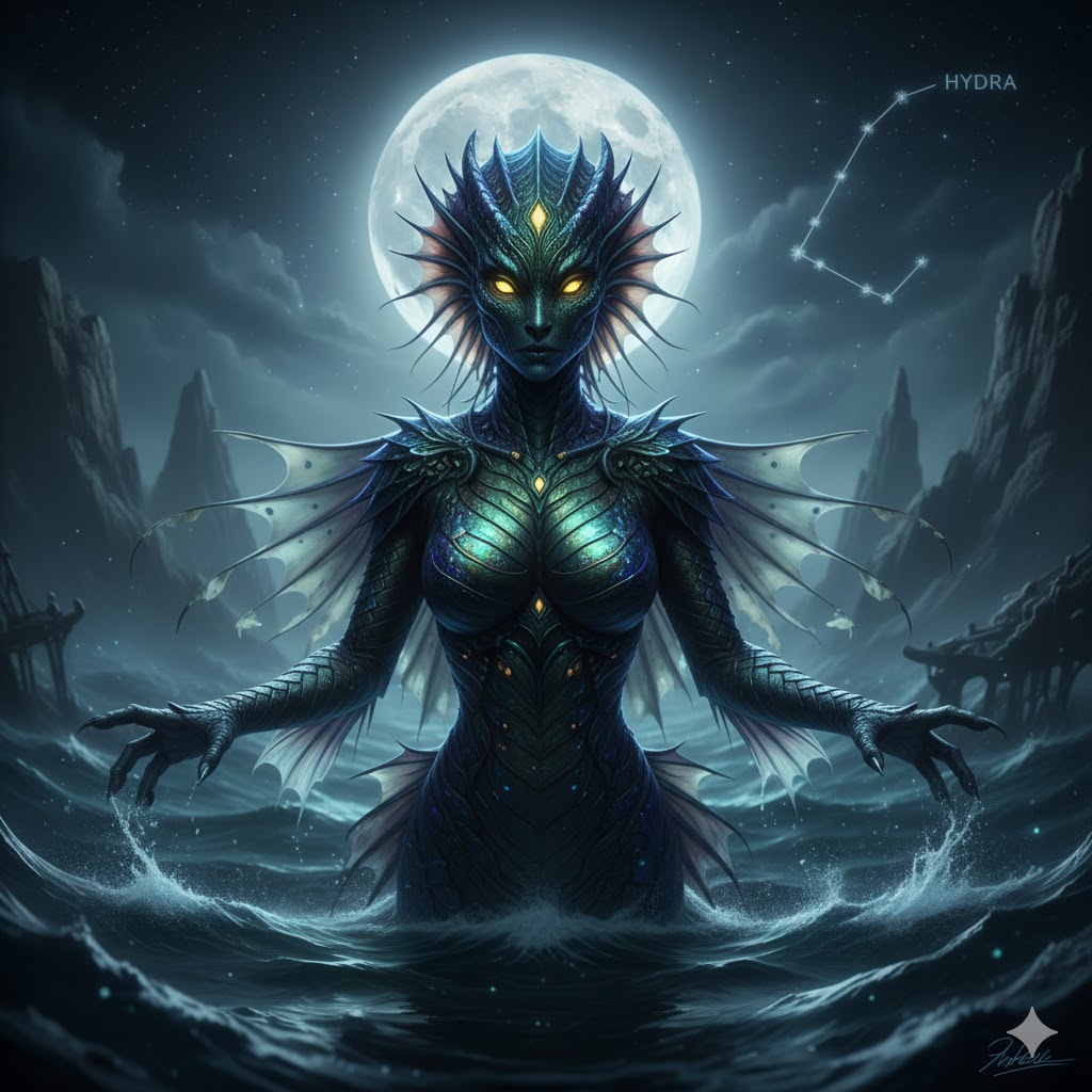 Cinematic Hydra Reptilian humanoid sea-serpent emerging from water.