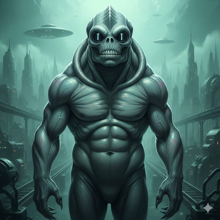 Cinematic depiction of the Iarga alien type, a muscular amphibious humanoid from a high-gravity world.
