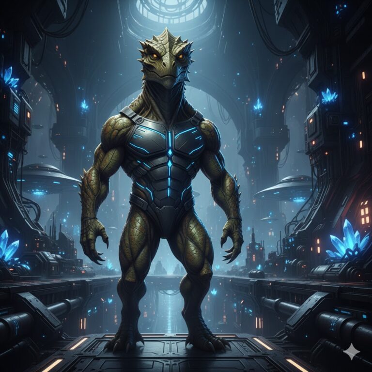 Cinematic Indigenous Reptilian in high-tech subterranean cavern.