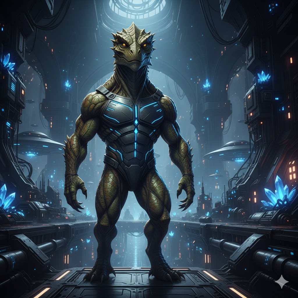 Cinematic Indigenous Reptilian in high-tech subterranean cavern.