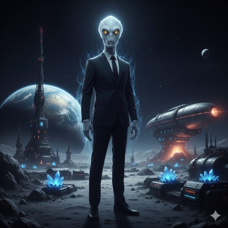 Cinematic Indugutk Tall White in a lunar mining facility wearing a human suit.