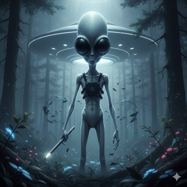 Cinematic Insect-Eyed Grey Canutus cuteoculus with compound eyes and anti-gravity plate.