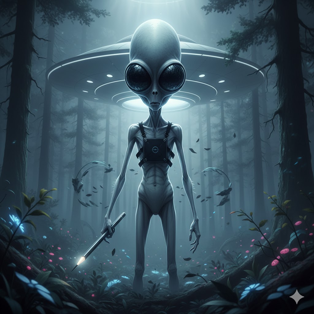 Cinematic Insect-Eyed Grey Canutus cuteoculus with compound eyes and anti-gravity plate.