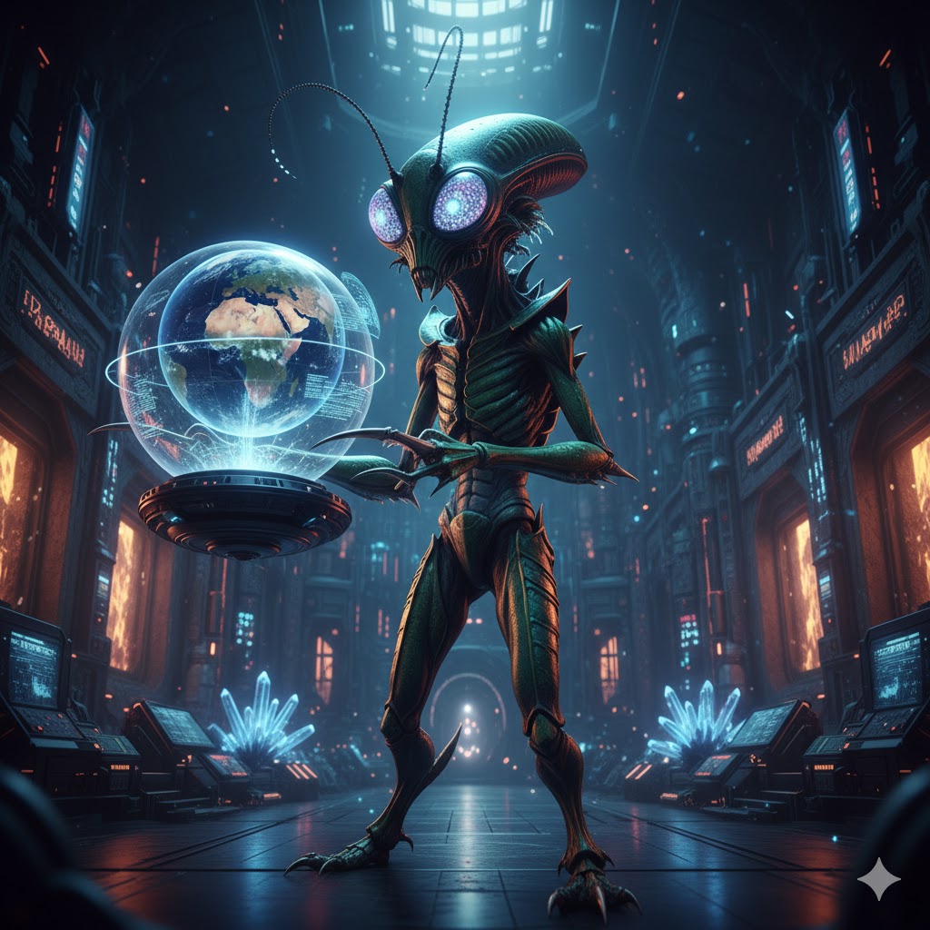 7-foot Mantis Insectoid Overseer in a bio-organic command center.