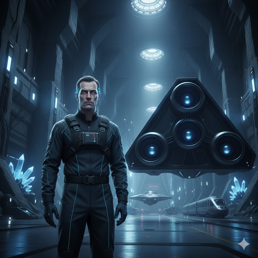 Insider technician standing before a TR-3B anti-gravity craft in a subterranean hangar.