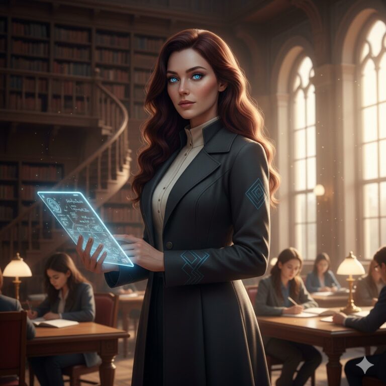 Lya, a 1.9m tall Inxtria woman, studying in a university library.