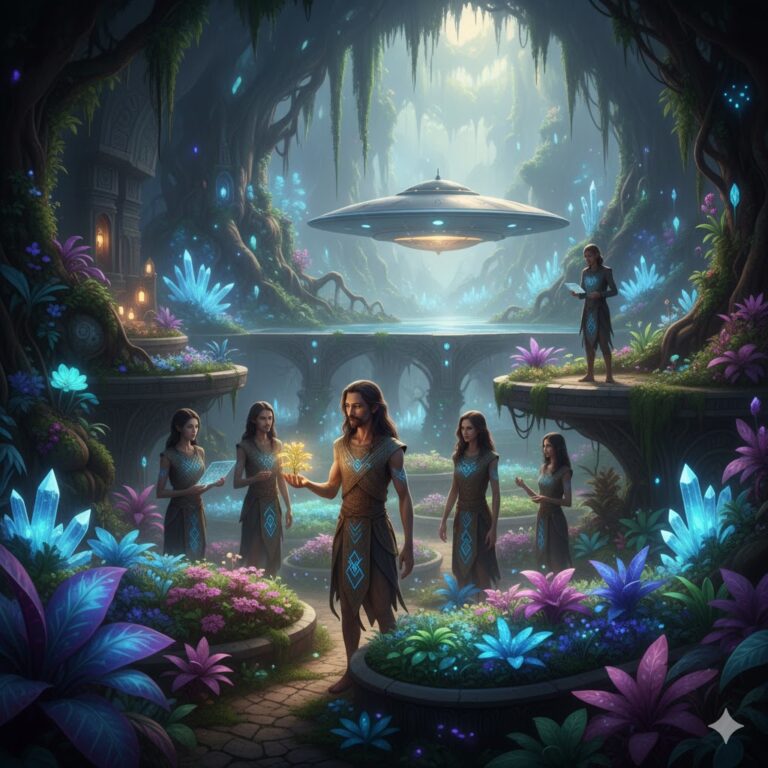 Itibi Ra humanoids at a secret bioluminescent Amazonian plantation.