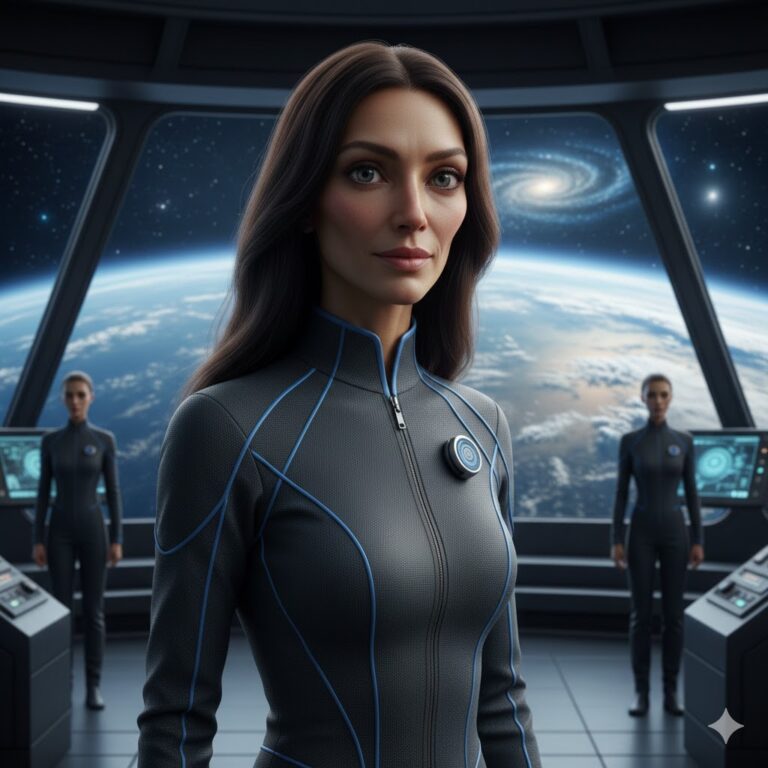 Janosian refugee on the bridge of a donut-shaped carrier vessel overlooking Earth.