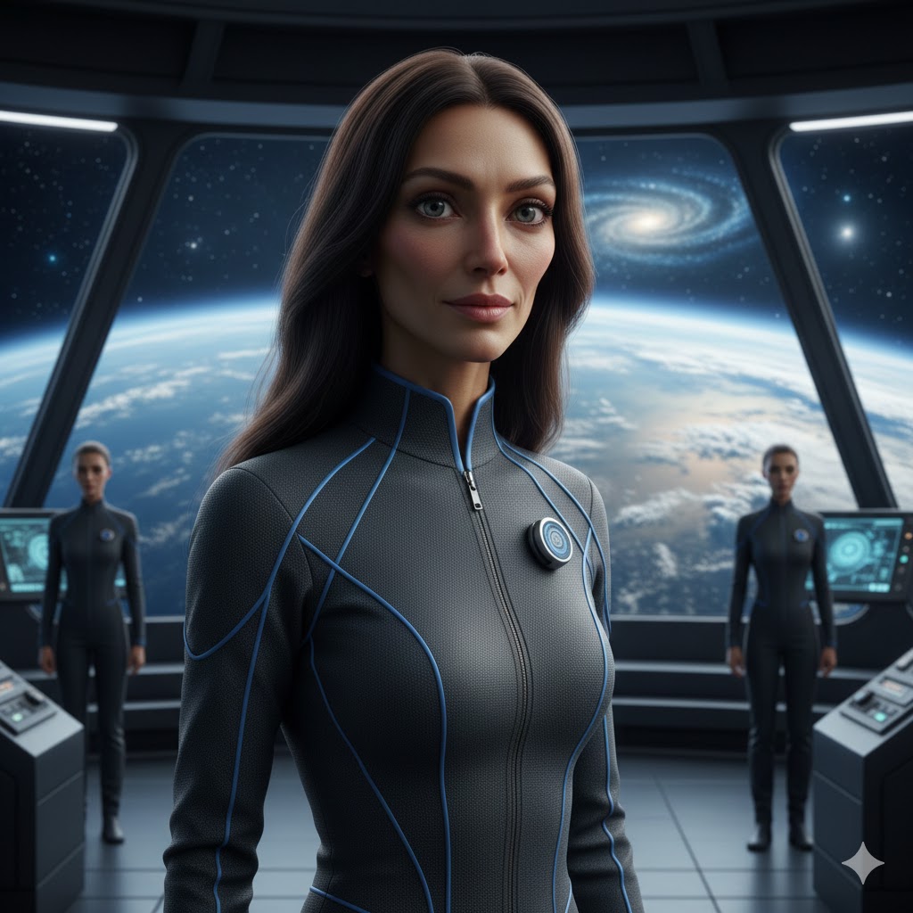 Janosian refugee on the bridge of a donut-shaped carrier vessel overlooking Earth.