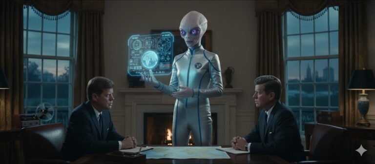 Jefok ambassador showing a holographic projection to President JFK.