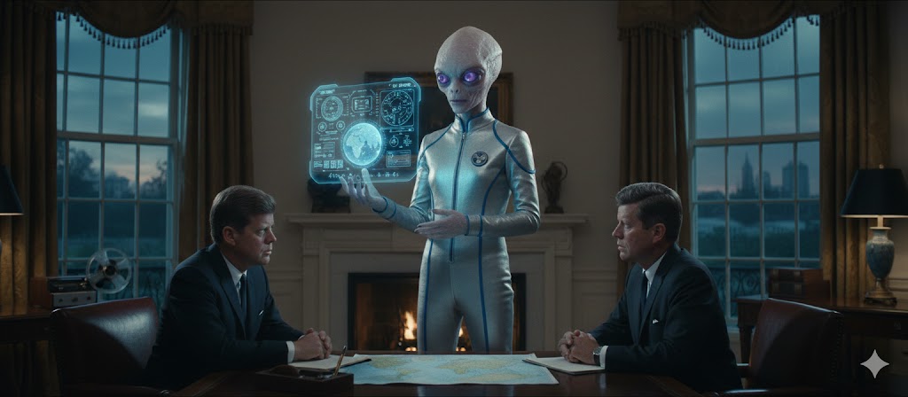 Jefok ambassador showing a holographic projection to President JFK.