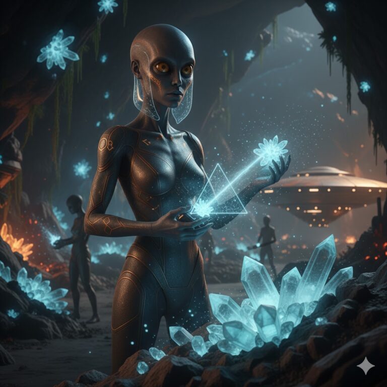 Female Kalenia humanoid miner with glowing blue crystals in a Saharan cave.