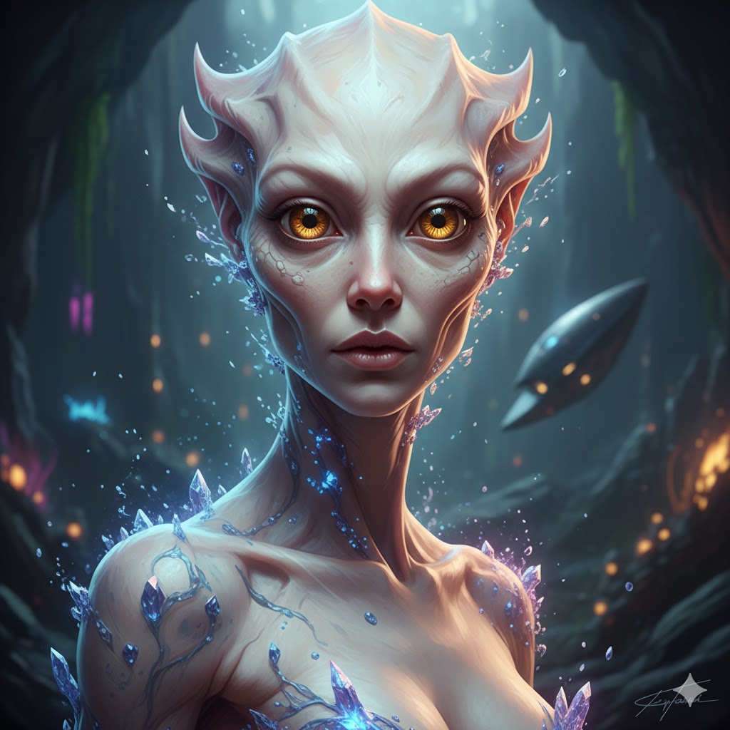 Kiily-Tokurt alien shape-shifter transitioning from polymorphic form to human with amber eyes