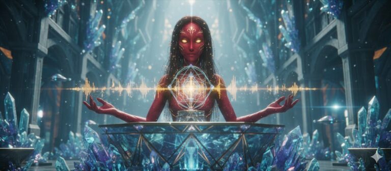 Katayy Red-skinned Sirian artist manifesting sacred geometry through sound in a crystal temple.