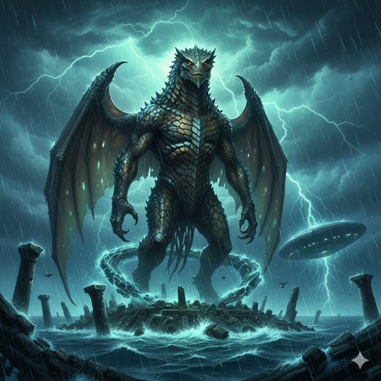 Killimat-Arr 30-foot winged reptilian giant standing in the Bermuda Triangle.