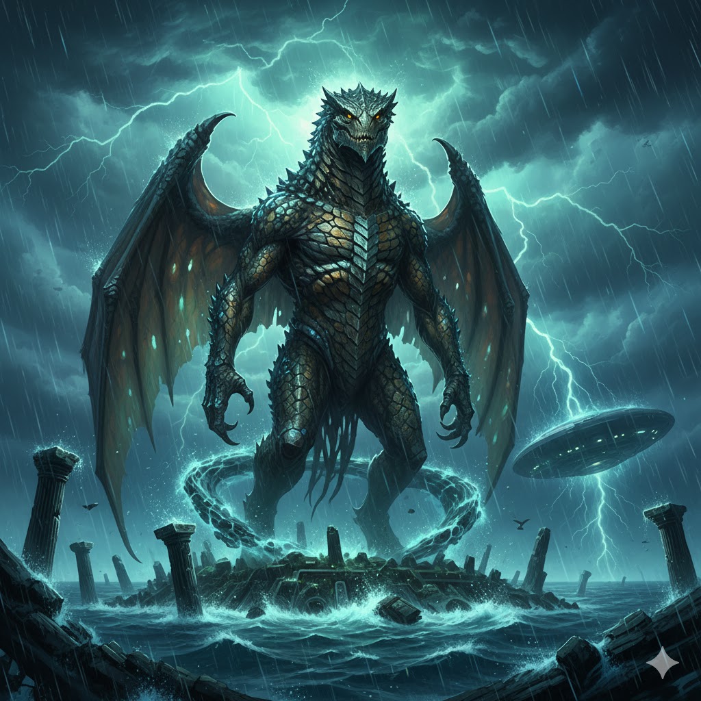 Killimat-Arr 30-foot winged reptilian giant standing in the Bermuda Triangle.