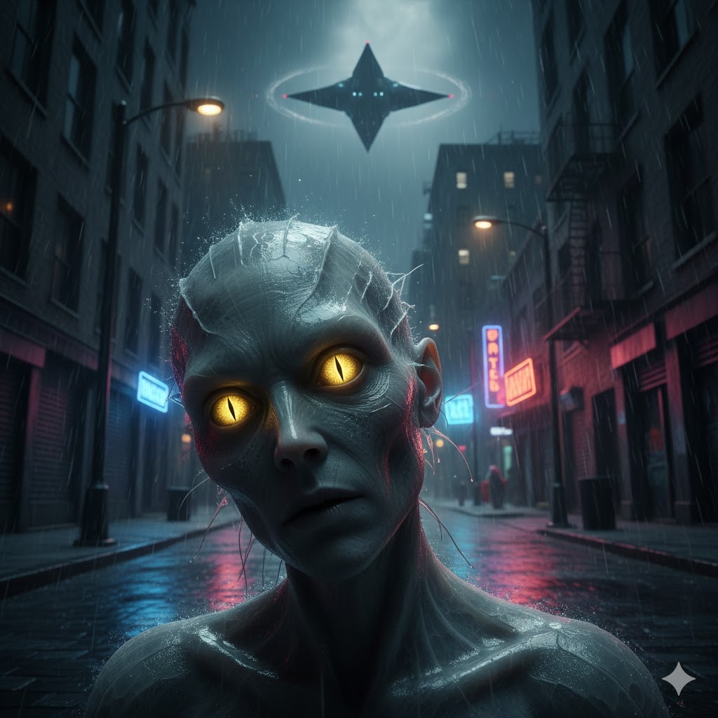 Killy-Tokurt shapeshifter alien with golden eyes in an urban environment.