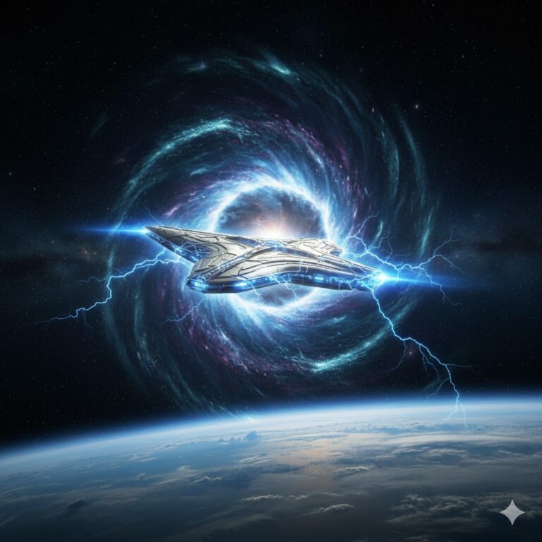 Koldasian Astra-Craft entering Earth's atmosphere through a magnetic antimatter portal.
