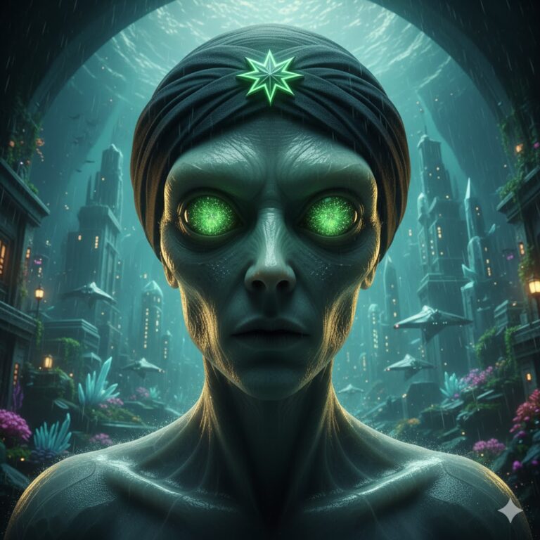 Koshnak alien with scintillating green eyes and star-marked head dress.