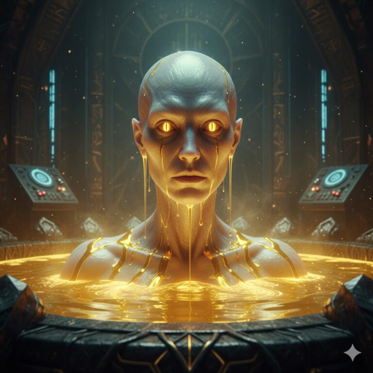 Kurs serpent alien leader immersed in golden liquid.