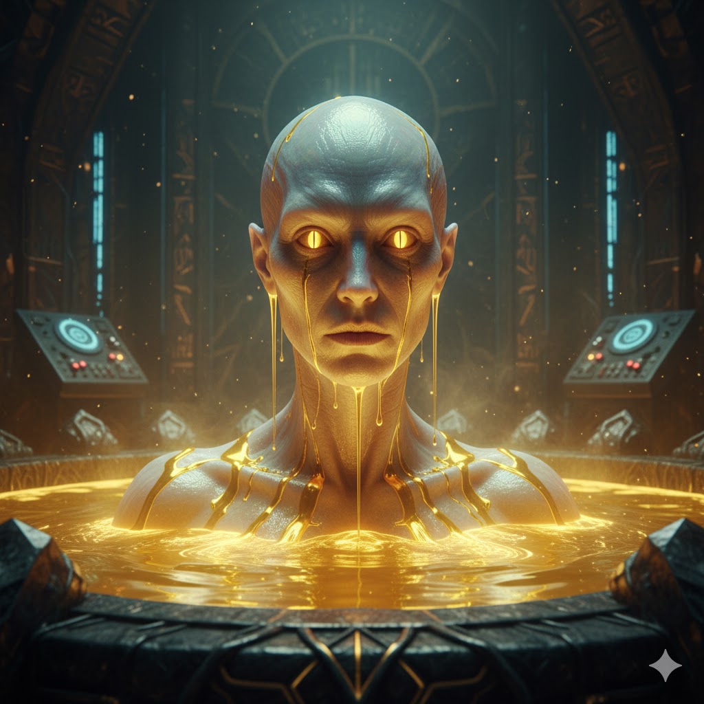 Kurs serpent alien leader immersed in golden liquid.