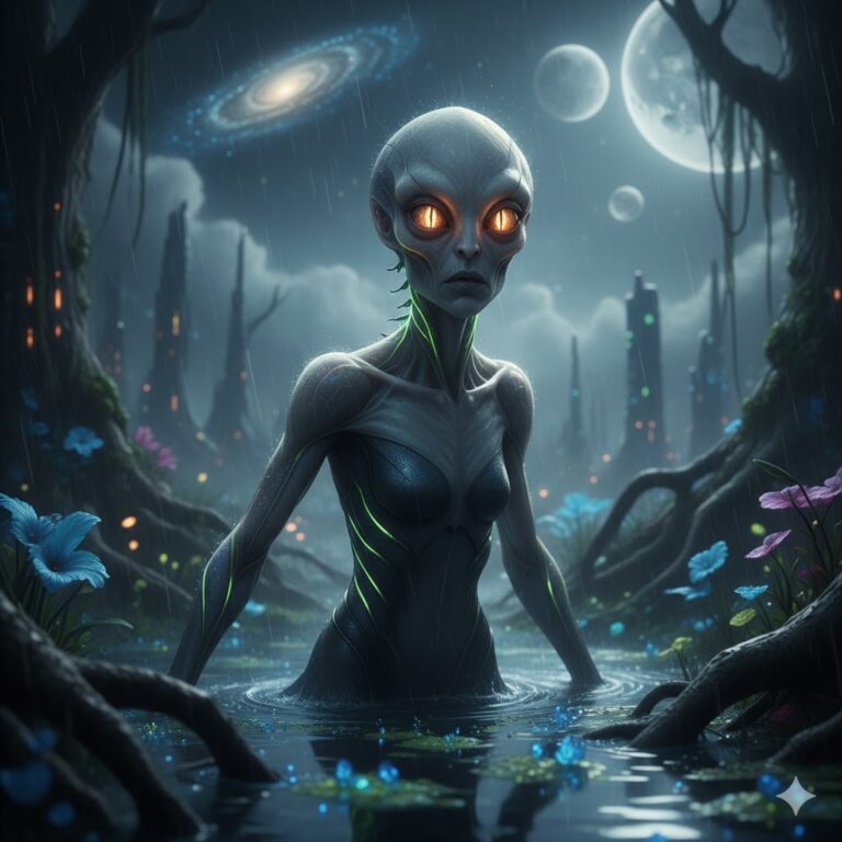 Kyllimir – Auk serpent alien in a low-light Volans swamp.