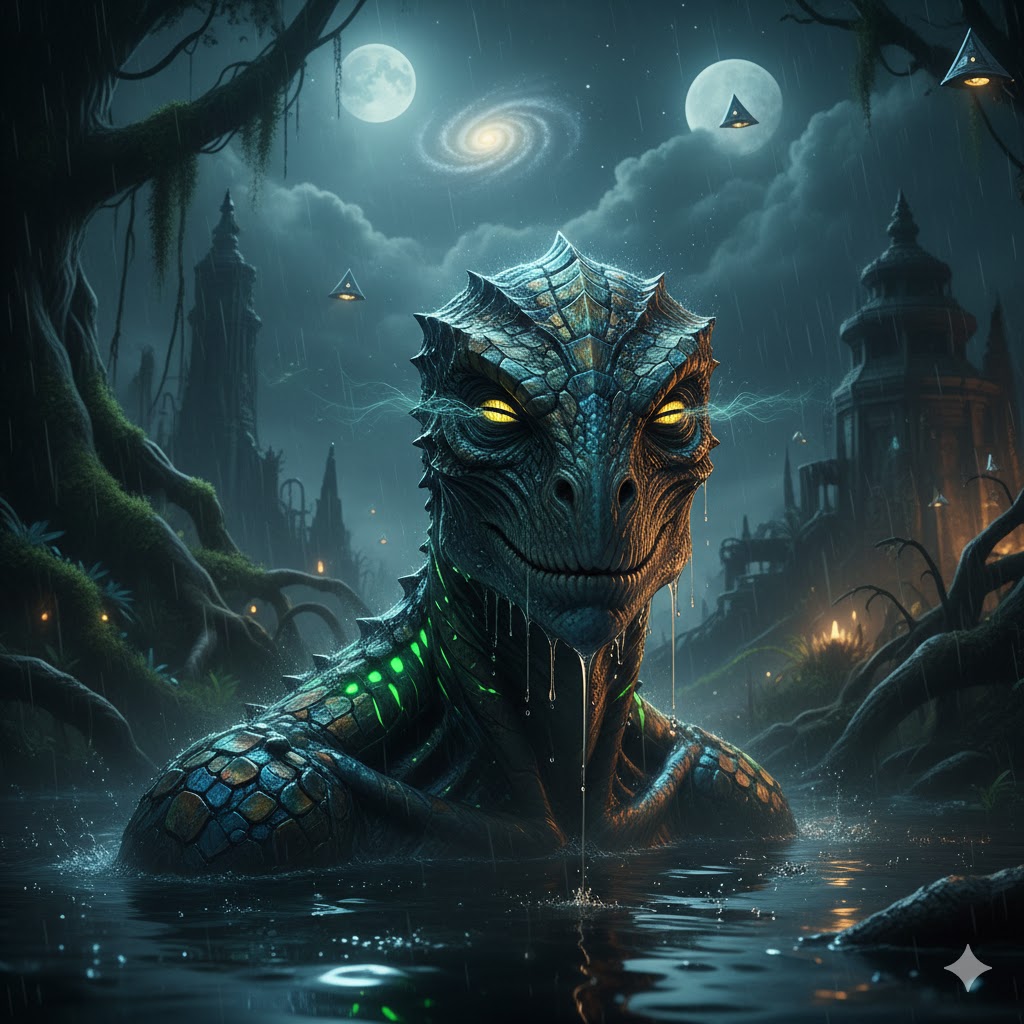 Lacertian Reptilian emerging from water with shimmering scales.