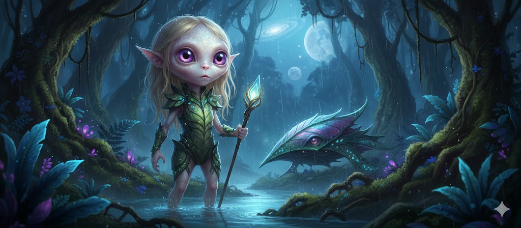 Lang alien from Coma Berenices in a luminous forest.