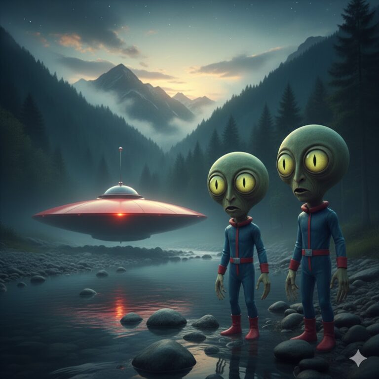 Little Green Humanoids and red lens UFO at Chiarso River - Villa Santina 1947.