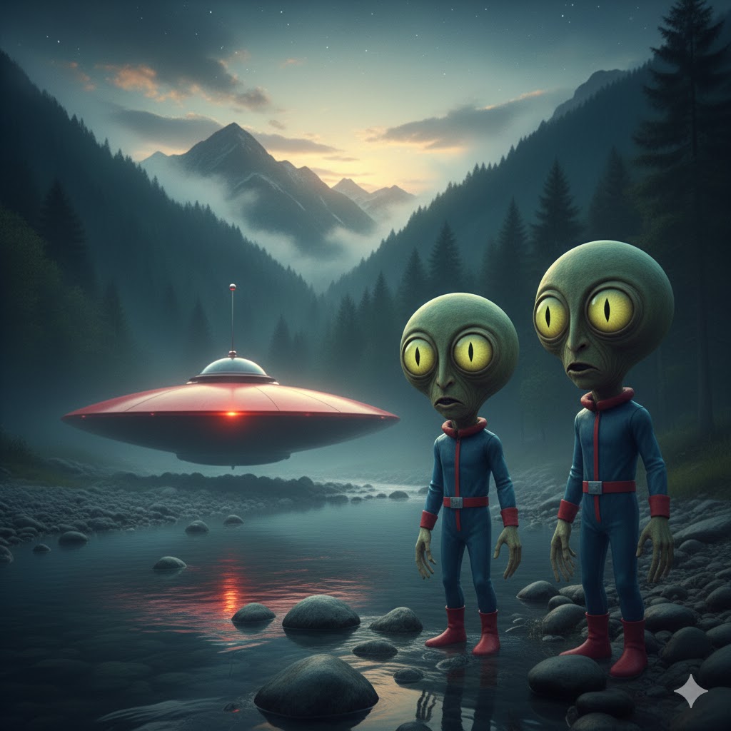 Little Green Humanoids and red lens UFO at Chiarso River - Villa Santina 1947.