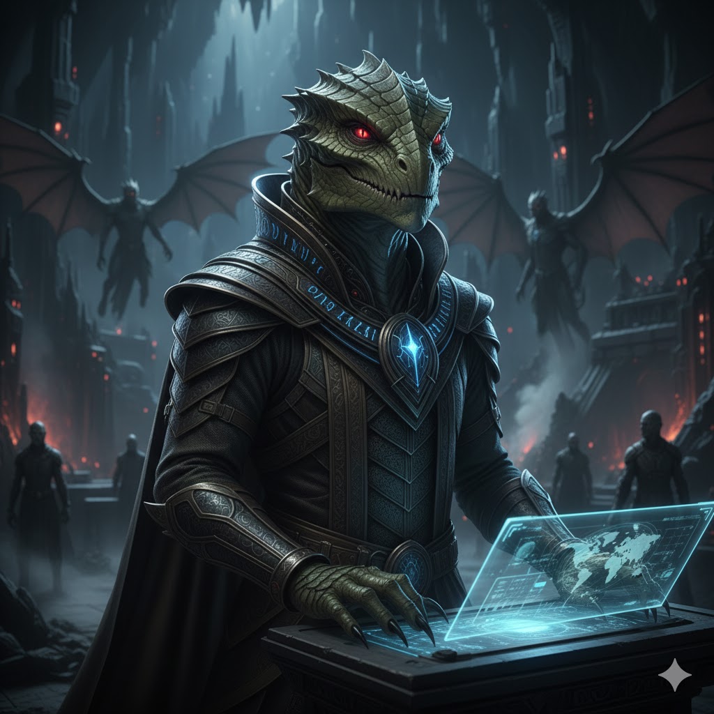 High-caste Lizzie leader controlling a global holographic interface - Draconian Empire.