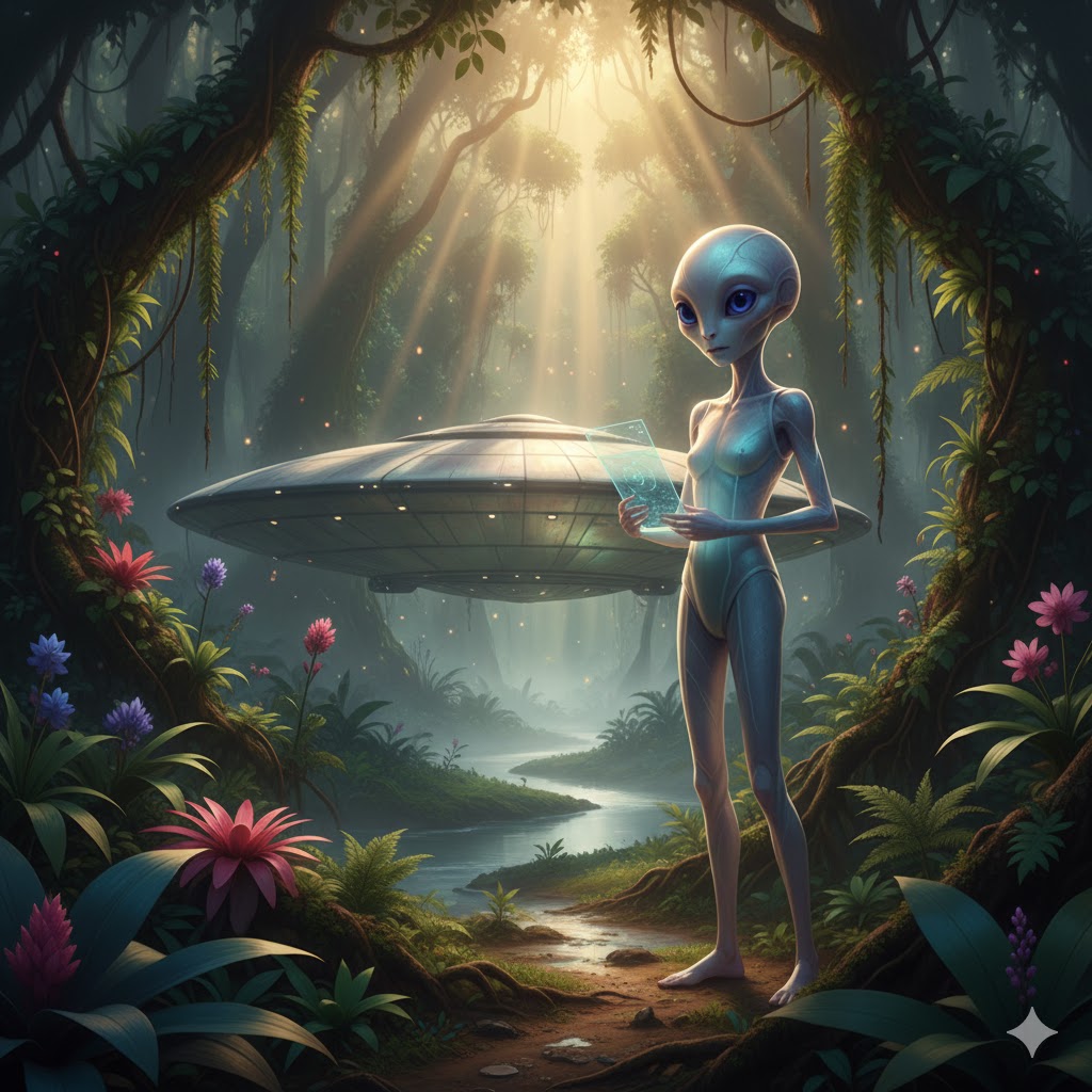 Magell alien explorer in a South American jungle setting with a pearlescent scout ship - Magellanic Cloud Chroniclers.