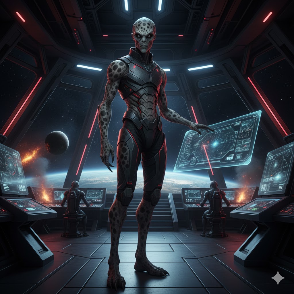 Maitre alien leader with spotted skin on a dark spacecraft bridge - Predatory Megopei Race.