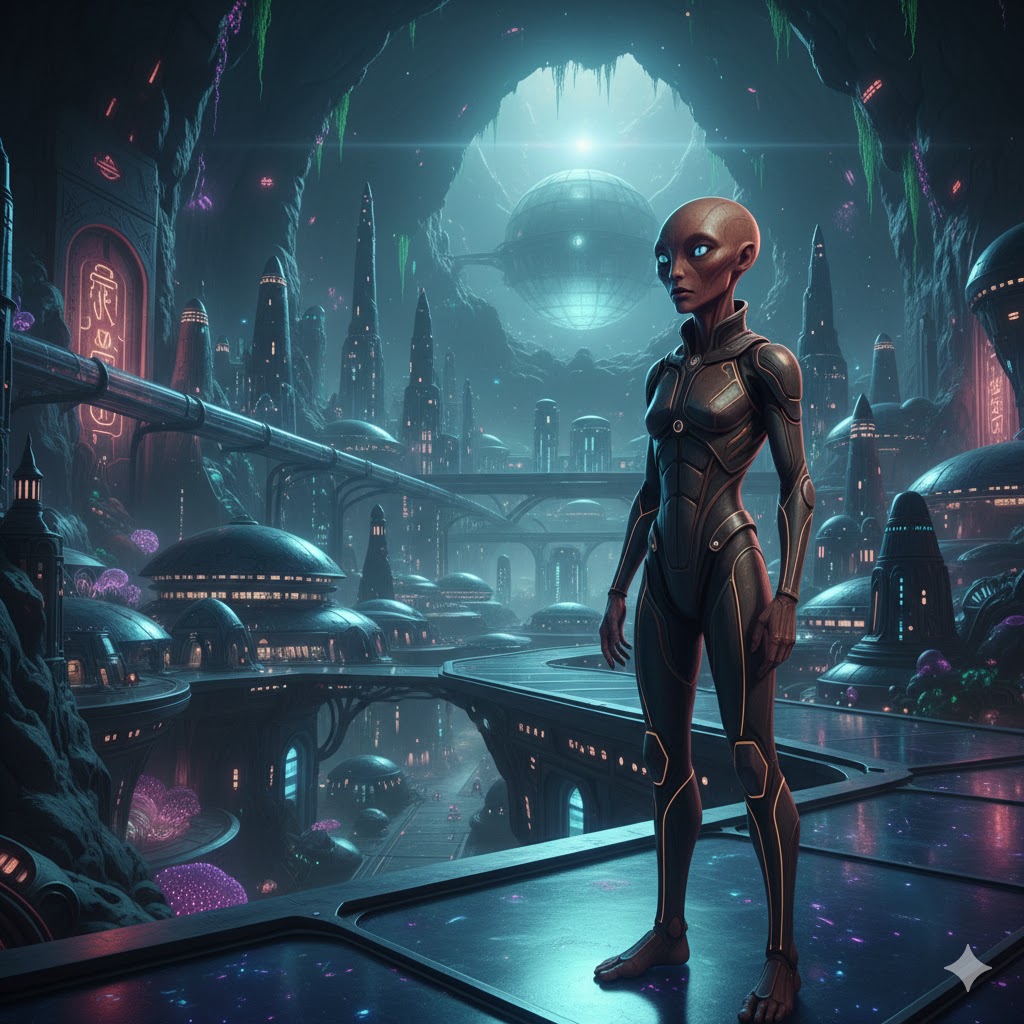 Martian inhabitant standing in a bioluminescent subterranean city on Mars - Cydonia Legacy.