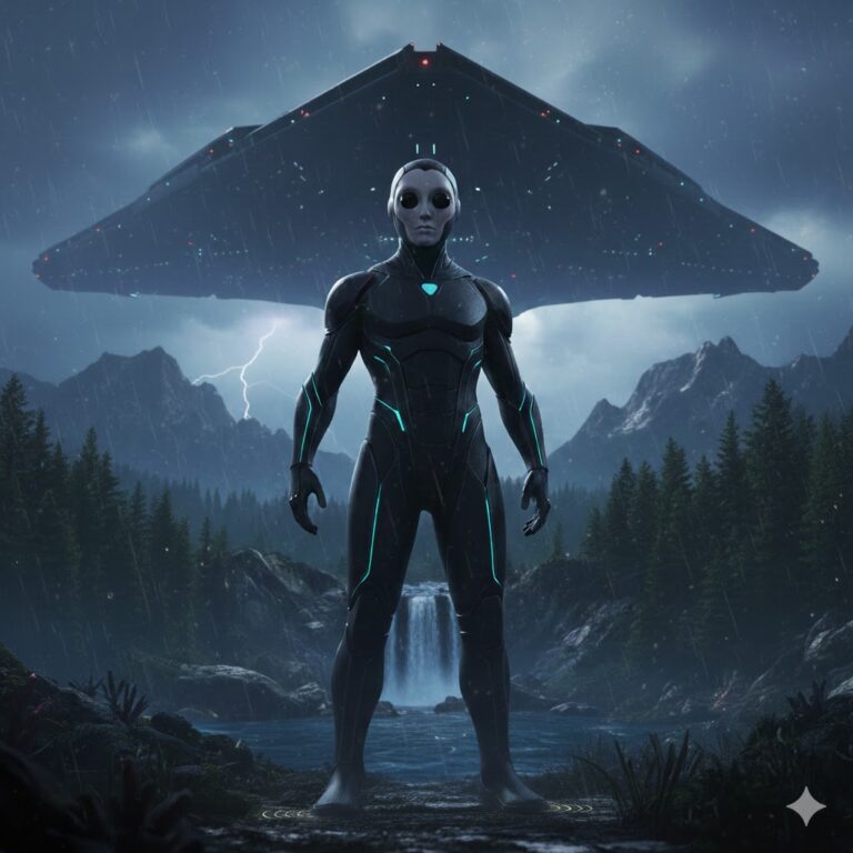 Matrax Sentinel standing in a misty Earth mountain landscape with a V-shaped obsidian craft overhead.