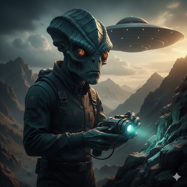 Mazarek alien with leathery teal-charcoal skin and amber eyes scanning rock face in the Andes mountains.