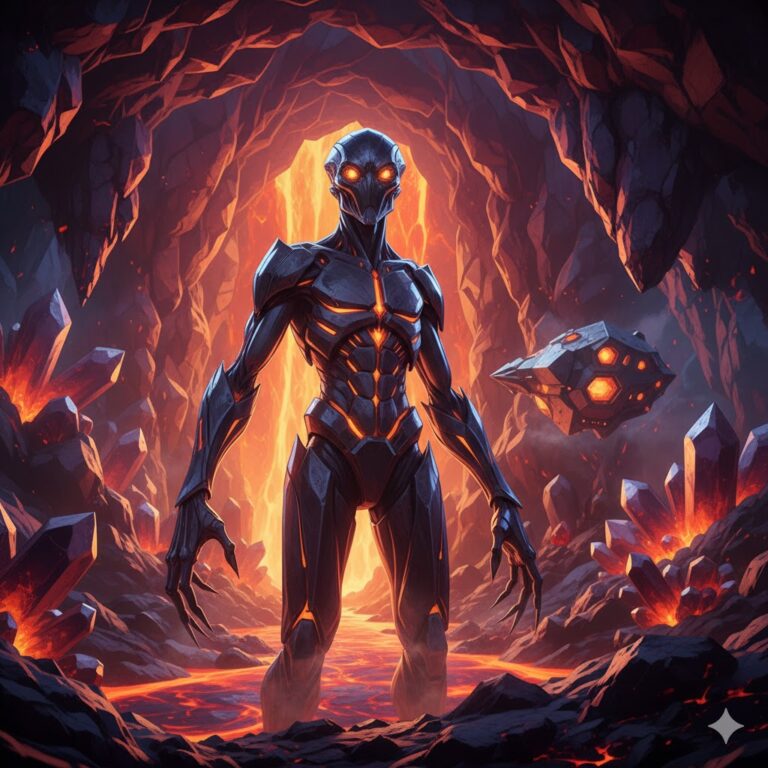 A Monianthan-Kayphik silicon-based alien with obsidian skin and glowing amber eyes inside a volcanic crystalline cavern.