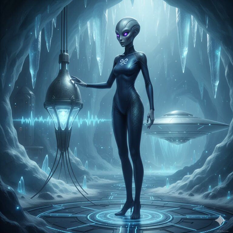 A female of the Mythilae Species standing in a crystalline Antarctic base next to a geomagnetic stabilization probe and a silver disc craft.