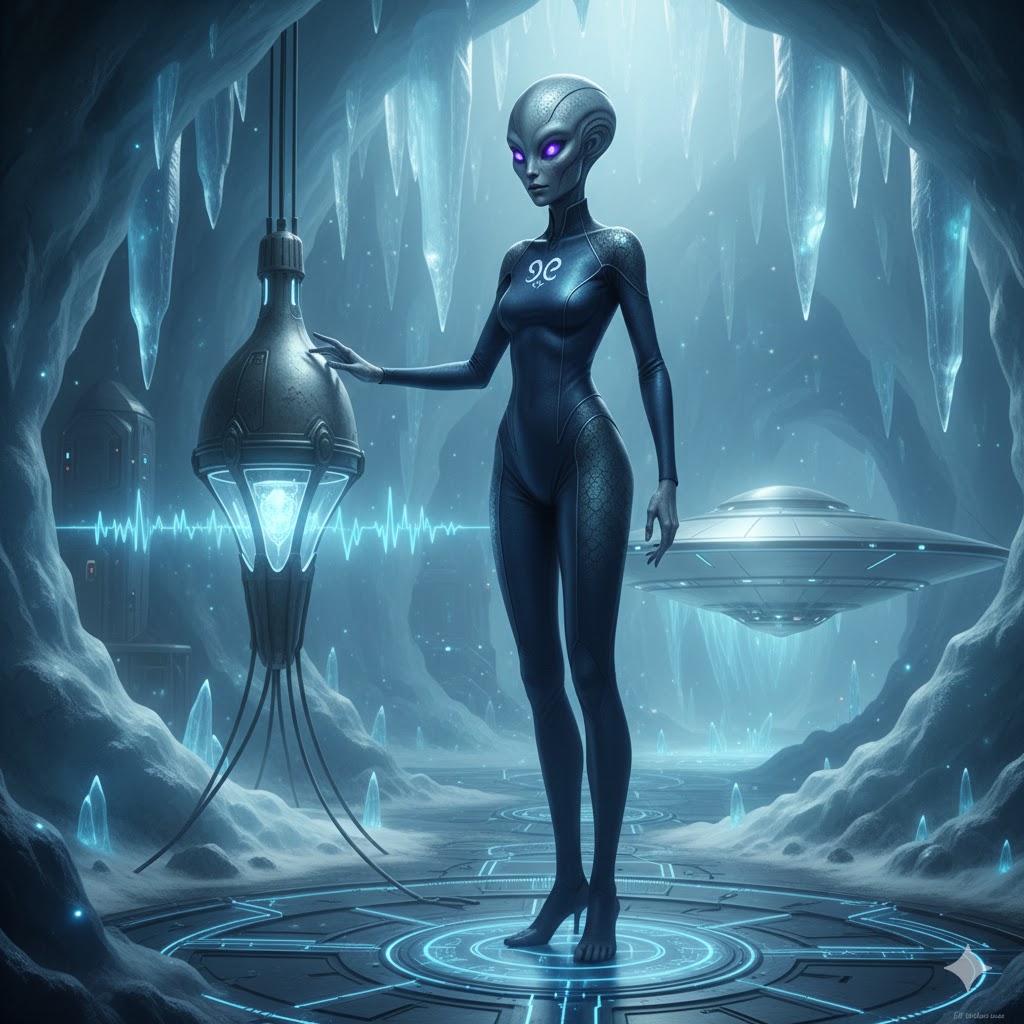 A female of the Mythilae Species standing in a crystalline Antarctic base next to a geomagnetic stabilization probe and a silver disc craft.