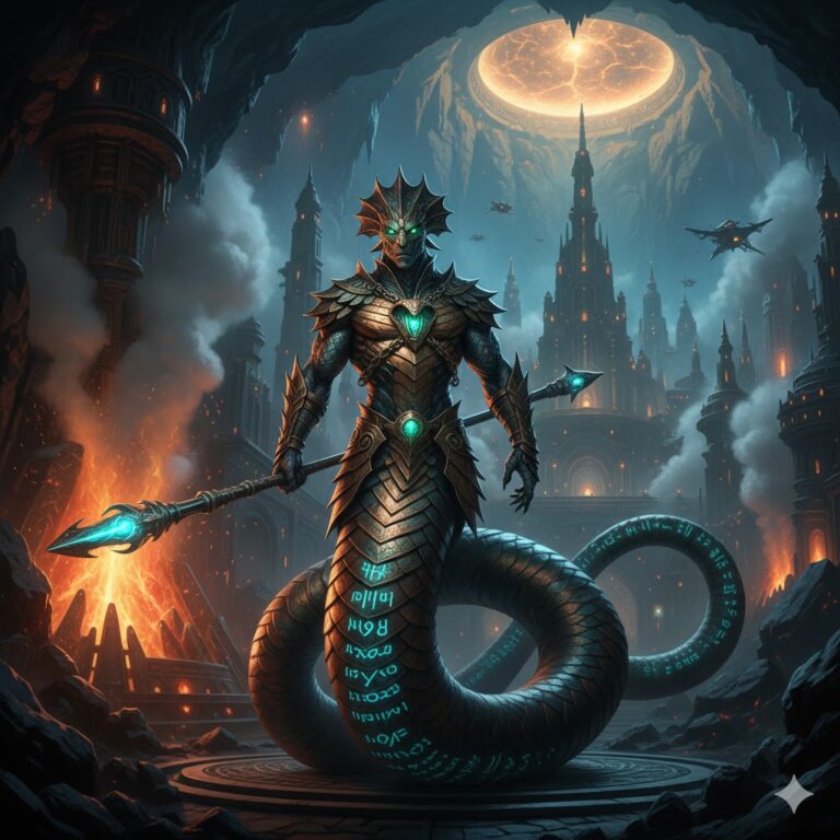 Male and female Nagas with iridescent green scales and humanoid torsos standing in an ancient subterranean city beneath the Gobi Desert.