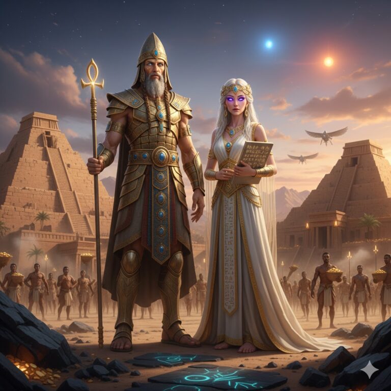 A tall male Nefilim with golden armor and an elongated skull standing next to a female Nefilim holding an ancient tablet in a Sumerian city.