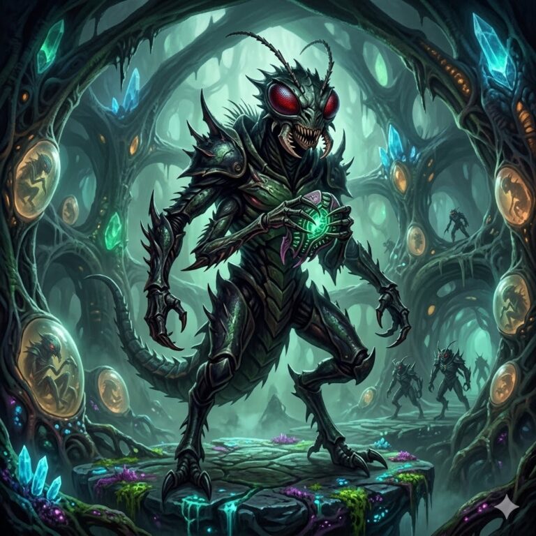 A formidable Negumak warrior alien with multi-faceted red compound eyes and spiked, dark green chitinous armor, standing in a subterranean biological hive setting.