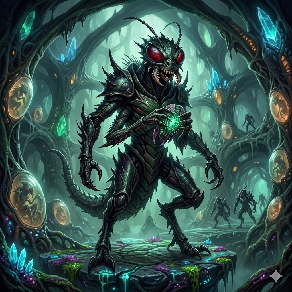 A formidable Negumak warrior alien with multi-faceted red compound eyes and spiked, dark green chitinous armor, standing in a subterranean biological hive setting.