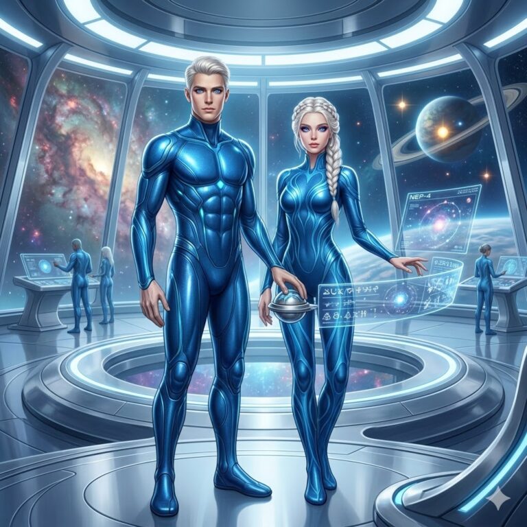 Male and female NEP-4 Nordic humanoids with silver-blonde hair wearing seamless blue bio-suits inside a futuristic, circular metallic spacecraft with holographic star maps.