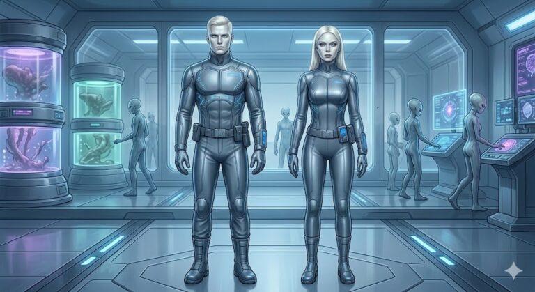 A male and female Nordic Clone with flawless skin and white-blonde hair standing in a sterile lab. Behind them, Grey aliens are visible working on biological vats.
