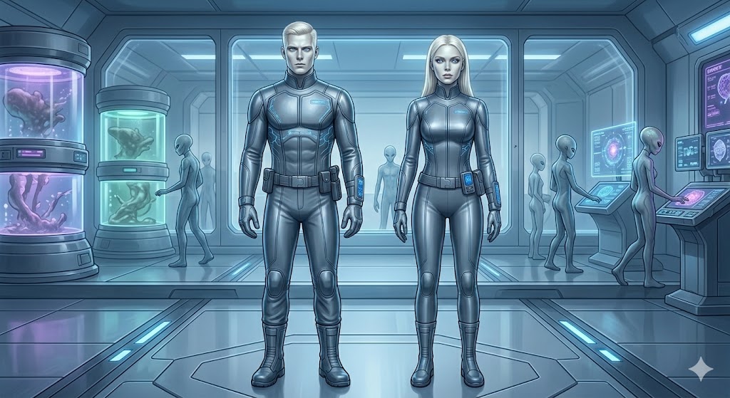 A male and female Nordic Clone with flawless skin and white-blonde hair standing in a sterile lab. Behind them, Grey aliens are visible working on biological vats.