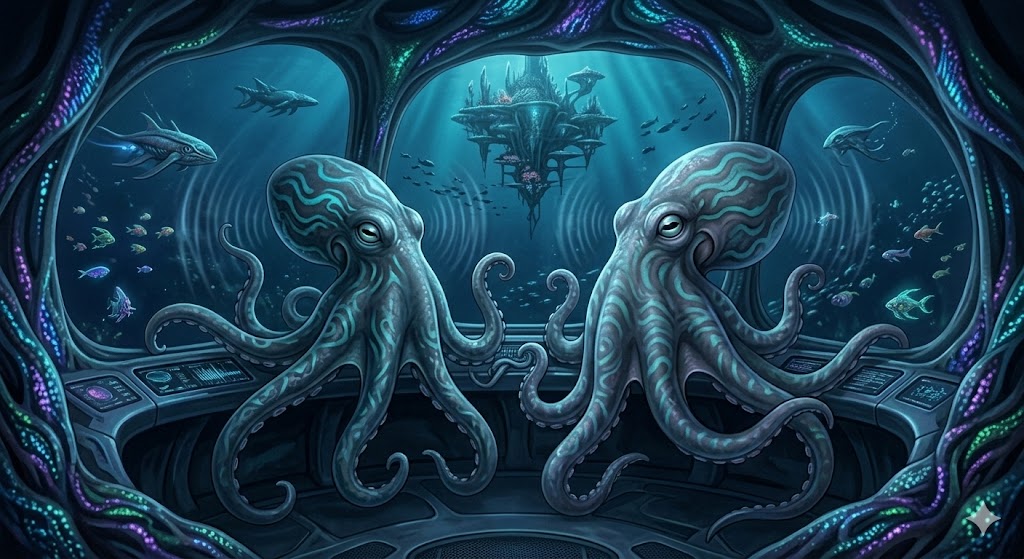 Two Octolimb entities with bioluminescent skin patterns operating a biological control console inside a living underwater craft. An oceanic alien city is visible through the viewport.