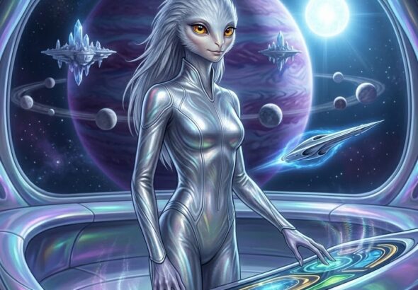 A beautiful avian-humanoid Ogattan female with silver downy feathers and large golden eyes operating a harmonic control panel. Behind her is the planet Ogatta and a needle-shaped Gattae ship.
