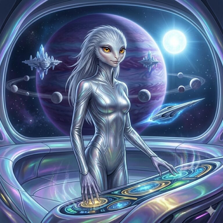 A beautiful avian-humanoid Ogattan female with silver downy feathers and large golden eyes operating a harmonic control panel. Behind her is the planet Ogatta and a needle-shaped Gattae ship.
